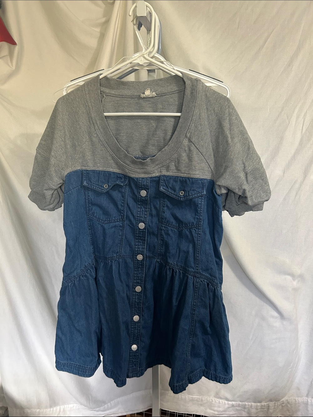 Pilcro Gray Knit Top with Blue Denim Button Front